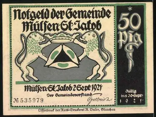 Notgeld Mülsen-St-Jakob 1921, 50 Pfennig, Zwei Männer zu tief ins Glas geguckt, hat der Eine den Anderen angespuckt