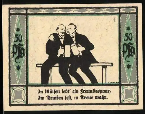 Notgeld Mülsen-St-Jakob 1921, 50 Pfennig, In Mülsen lebt ein Freundespaar, im Trinken fest, in Treue wahr, Wappen