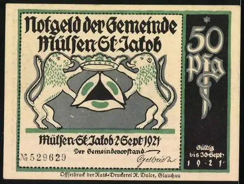 Notgeld Mülsen-St-Jakob 1921, 50 Pfennig, In Mülsen lebt ein Freundespaar, im Trinken fest, in Treue wahr, Wappen