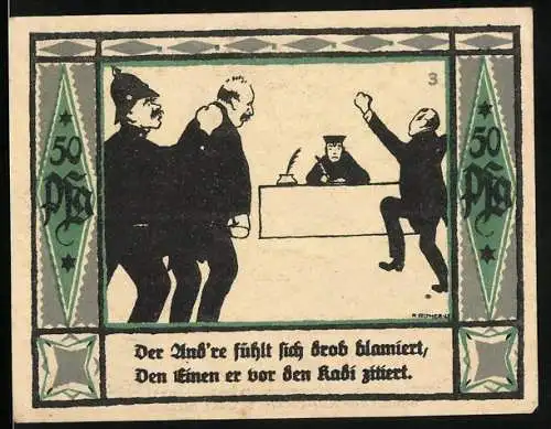 Notgeld Mülsen-St-Jakob 1921, 50 Pfennig, Der Andre fühlt sich grob blamiert, den Einen ervor den Kadi zitiert, Wappen