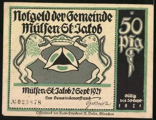 Notgeld Mülsen-St-Jakob 1921, 50 Pfennig, Der Andre fühlt sich grob blamiert, den Einen ervor den Kadi zitiert, Wappen