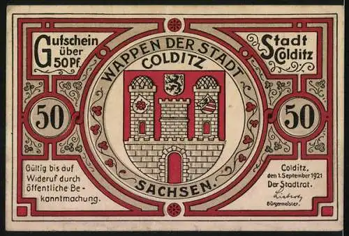 Notgeld Colditz 1921, 50 Pfennig, Hussiten im Jahre 1430 vernichten die Stadt, Wappen