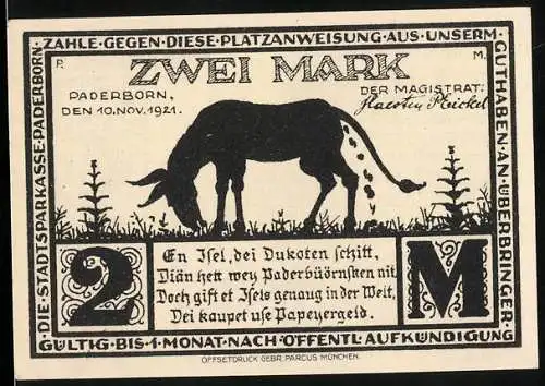 Notgeld Paderborn 1921, 2 Mark, Der Esel der Dukaten Schitt, An der Eselgasse