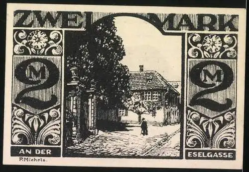 Notgeld Paderborn 1921, 2 Mark, Der Esel der Dukaten Schitt, An der Eselgasse