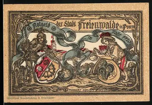 Notgeld Freienwalde in Pomm. 1920, 25 Pfennig, Krieger mit Wappen, Mädchen mit Krug, Siegel