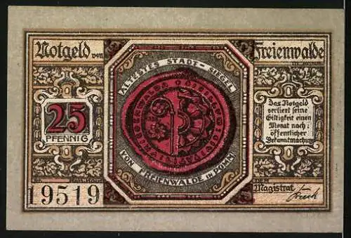 Notgeld Freienwalde in Pomm. 1920, 25 Pfennig, Krieger mit Wappen, Mädchen mit Krug, Siegel