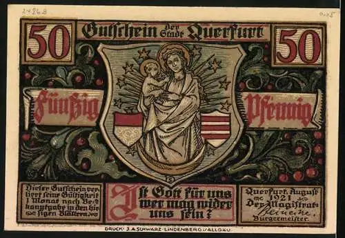 Notgeld Querfurt 1921, 50 Pfennig, Treiben auf der Eselswiese, Wappen