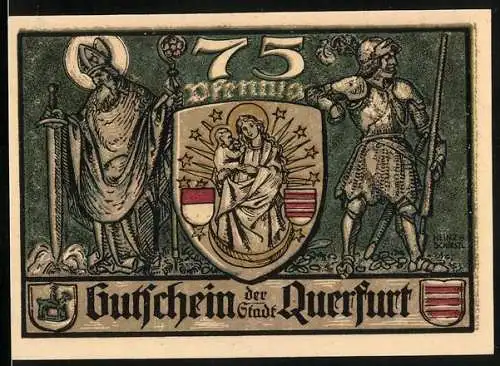 Notgeld Querfurt 1921, 75 Pfennig, Krieger und Kirchenfürst mit Wappen, Teilansicht der Stadt