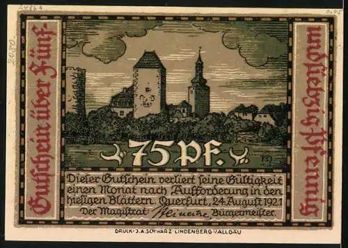 Notgeld Querfurt 1921, 75 Pfennig, Krieger und Kirchenfürst mit Wappen, Teilansicht der Stadt