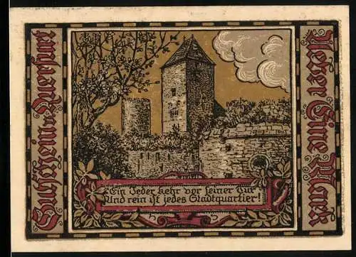 Notgeld Querfurt 1921, 1 Mark, Stadtmauer mit Burg, Siegel der Stadt
