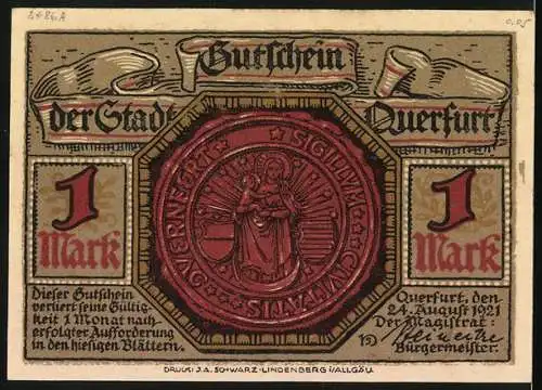 Notgeld Querfurt 1921, 1 Mark, Stadtmauer mit Burg, Siegel der Stadt