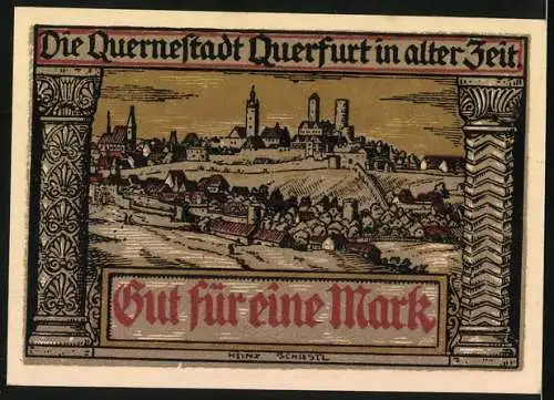 Notgeld Querfurt 1921, 1 Mark, Siegel der Stadt, Stadtansicht in alter Zeit