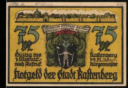 Notgeld Rastenberg (Thür.) 1921, 75 Pfennig, Wappen, Ansicht aus dem Jahre 1646