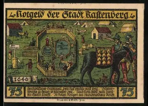 Notgeld Rastenberg (Thür.) 1921, 75 Pfennig, Ansicht aus dem Jahre 1646, Wappen