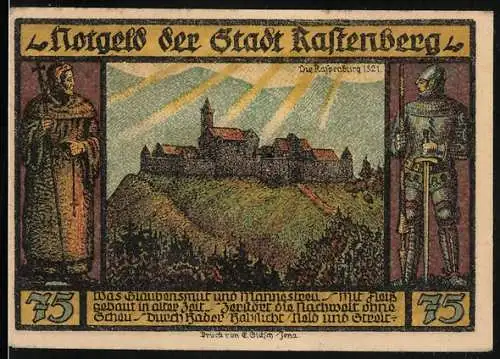 Notgeld Rastenberg (Thür.) 1921, 75 Pfennig, Die Rastenburg 1321, Wappen