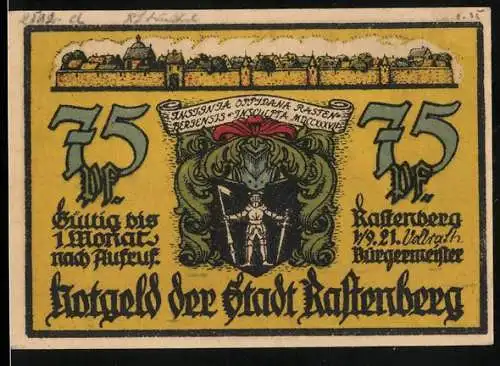 Notgeld Rastenberg (Thür.) 1921, 75 Pfennig, Wappen, Die Rastenburg 1321