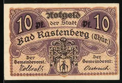 Notgeld Bad Rastenberg (Thür.), 10 Pfennig mit Wappen