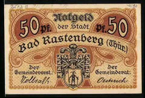 Notgeld Bad Rastenberg (Thür.), 50 Pfennig mit Wappen