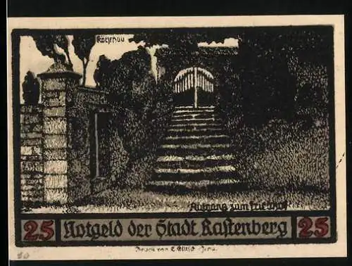 Notgeld Rastenberg (Thür.) 1921, 25 Pfennig, Aufgang zum Friedhof, Wappen