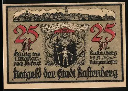Notgeld Rastenberg (Thür.) 1921, 25 Pfennig, Wappen, Partie aus Kötschau