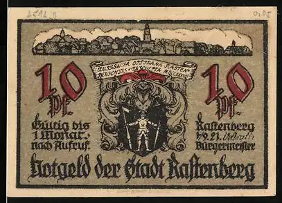 Notgeld Rastenberg (Thür.) 1921, 10 Pfennig, Wappen, verschlossene Tür