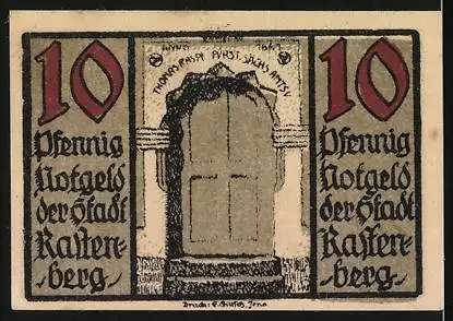 Notgeld Rastenberg (Thür.) 1921, 10 Pfennig, Wappen, verschlossene Tür