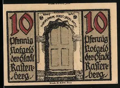 Notgeld Rastenberg (Thür.) 1921, 10 Pfennig, verschlossene Tür, Wappen