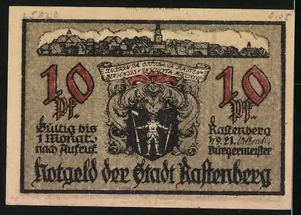 Notgeld Rastenberg (Thür.) 1921, 10 Pfennig, verschlossene Tür, Wappen