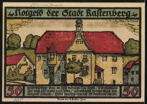 Notgeld Rastenberg (Thür.) 1921, 50 Pfennig, Wappen, Das Rathaus