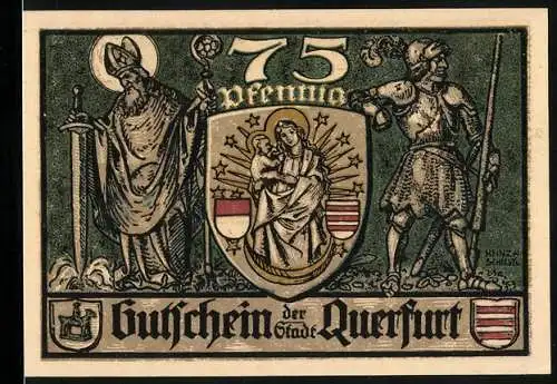 Notgeld Querfurt 1921, 75 Pfennig, Ritter und Geistlicher mit Wappen, Teilansicht der Stadt
