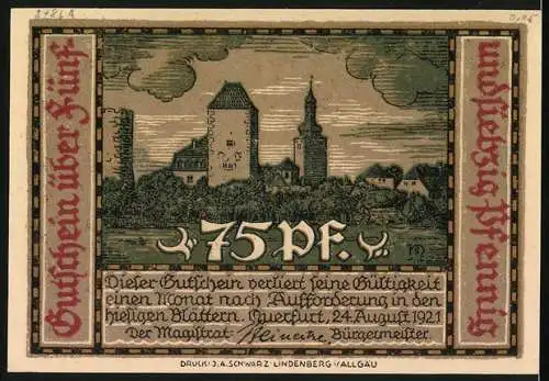 Notgeld Querfurt 1921, 75 Pfennig, Ritter und Geistlicher mit Wappen, Teilansicht der Stadt