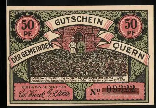Notgeld Quern 1919, 50 Pfennig, Tag auf dem Scheersberg am 25. Mai 1919, Bismarck-Turm auf dem Scheersberg