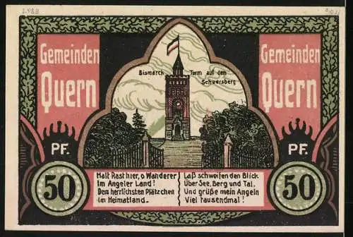 Notgeld Quern 1919, 50 Pfennig, Tag auf dem Scheersberg am 25. Mai 1919, Bismarck-Turm auf dem Scheersberg