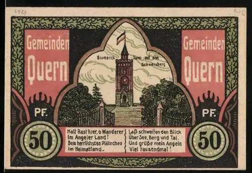 Notgeld Quern 1919, 50 Pfennig, Bismarck-Turm auf dem Scheersberg, Tag auf dem Scheersberg am 25. Mai 1919