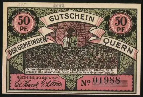 Notgeld Quern 1919, 50 Pfennig, Bismarck-Turm auf dem Scheersberg, Tag auf dem Scheersberg am 25. Mai 1919