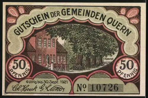 Notgeld Quern 1921, 50 Pfennig, Kirche mit Denkmal, Pastorat