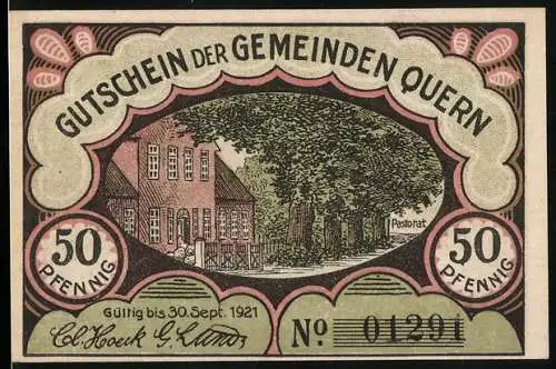Notgeld Quern 1921, 50 Pfennig, Pastorat, Kirche mit Denkmal