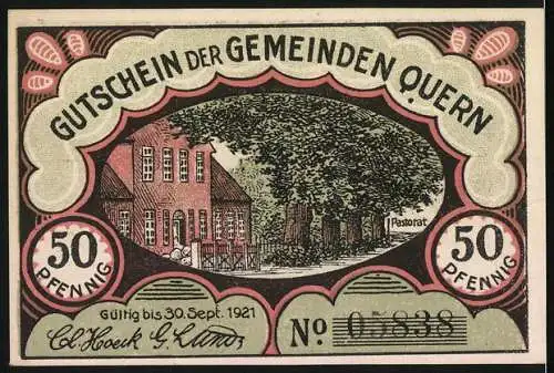 Notgeld Quern 1921, 50 Pfennig, Kirche mit Denkmal, Pastorat