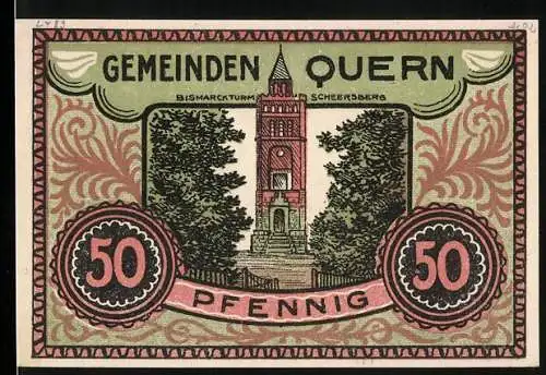 Notgeld Quern 1921, 50 Pfennig, Bismarck-Turm Scheersberg, Vater zeigt seinem Sohn das entrissene Heimatland