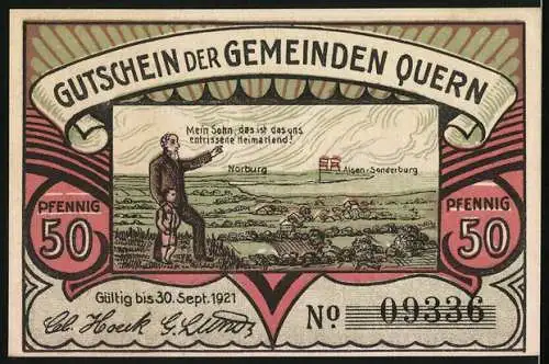 Notgeld Quern 1921, 50 Pfennig, Bismarck-Turm Scheersberg, Vater zeigt seinem Sohn das entrissene Heimatland