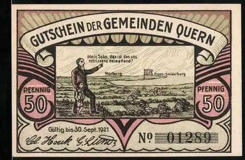 Notgeld Quern 1921, 50 Pfennig, Vater zeigt seinem Sohn das entrissene Heimatland, Bismarck-Turm Scheersberg