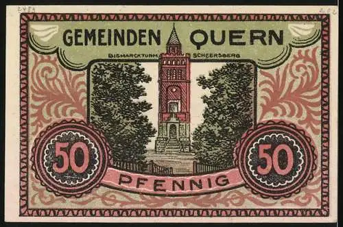 Notgeld Quern 1921, 50 Pfennig, Vater zeigt seinem Sohn das entrissene Heimatland, Bismarck-Turm Scheersberg