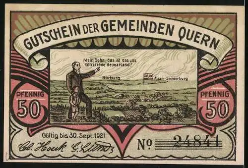 Notgeld Quern 1921, 50 Pfennig, Bismarck-Turm Scheersberg, Vater zeigt seinem Sohn das entrissene Heimatland