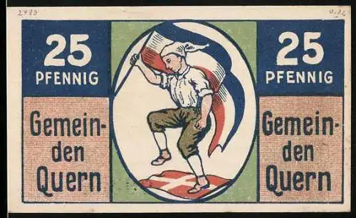 Notgeld Quern 1921, 25 Pfennig, Junge mit Fahne, Ortsansicht mit Windmühle