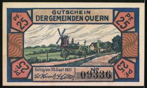 Notgeld Quern 1921, 25 Pfennig, Junge mit Fahne, Ortsansicht mit Windmühle