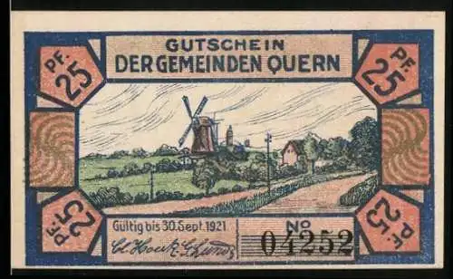Notgeld Quern 1921, 25 Pfennig, Ortsansicht mit Windmühle, Junge mit Fahne