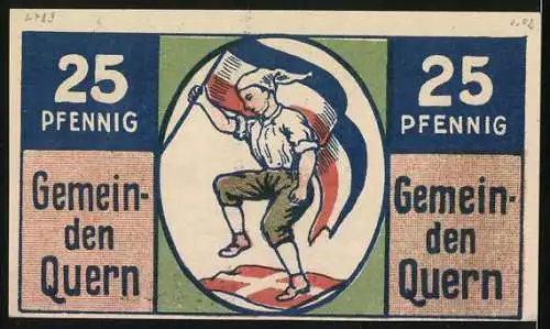 Notgeld Quern 1921, 25 Pfennig, Ortsansicht mit Windmühle, Junge mit Fahne