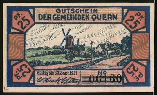 Notgeld Quern 1921, 25 Pfennig, Junge mit Fahne, Ortsansicht mit Windmühle