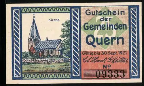 Notgeld Quern 1921, 25 Pfennig, Kirche und Wappen