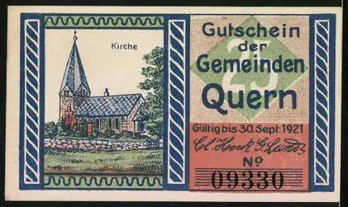 Notgeld Quern 1921, 25 Pfennig, Wappen und Kirche